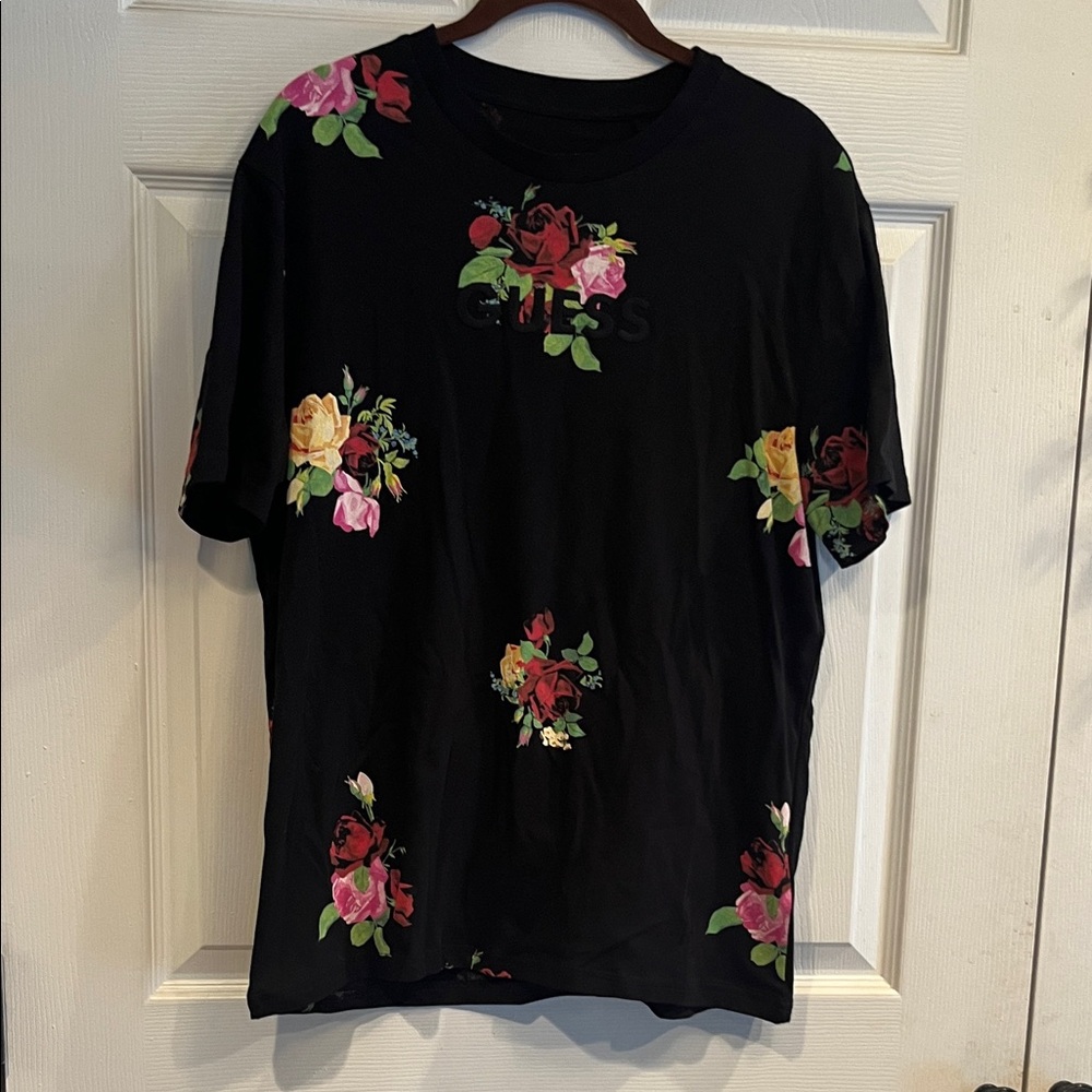 Guess Men's Black Tee with Floral Design